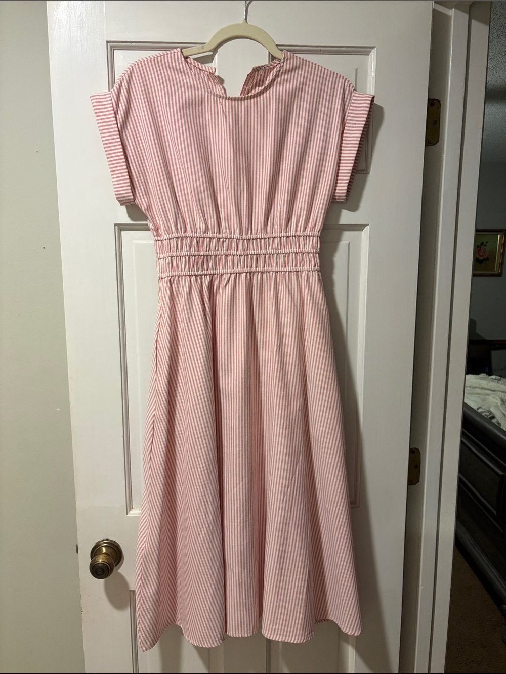 entro Pink Striped Midi Dress with Smocked Waist